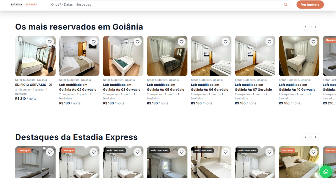 Listagem de lofts da Estadia Express com fotos, localização e diárias