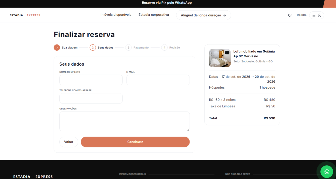 Checkout da Estadia Express com etapas e resumo dos valores da reserva